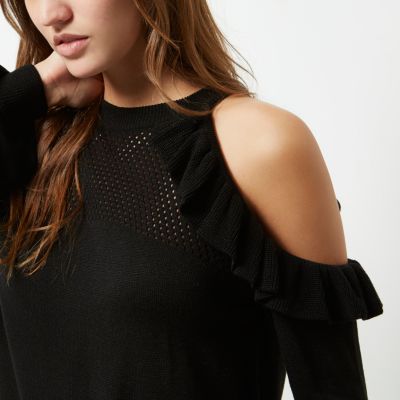 Black cold shoulder frill knit jumper